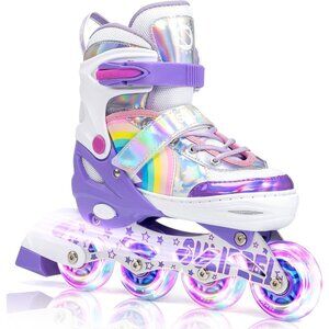 Sulifeel Kids B Purple Rainbow Unicorn Inline Adjustable Light Up Wheels Skates